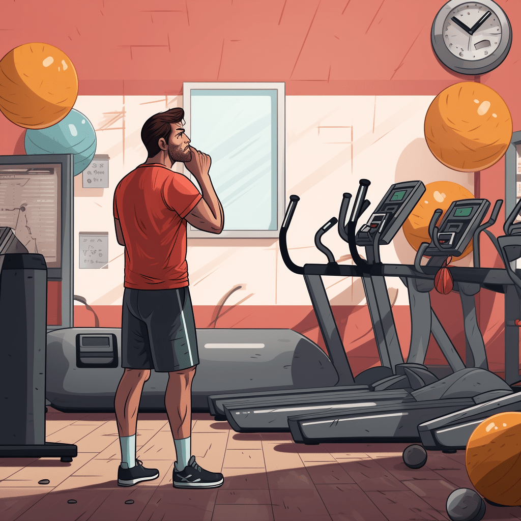 Man looking a gym equipment's, puzzled