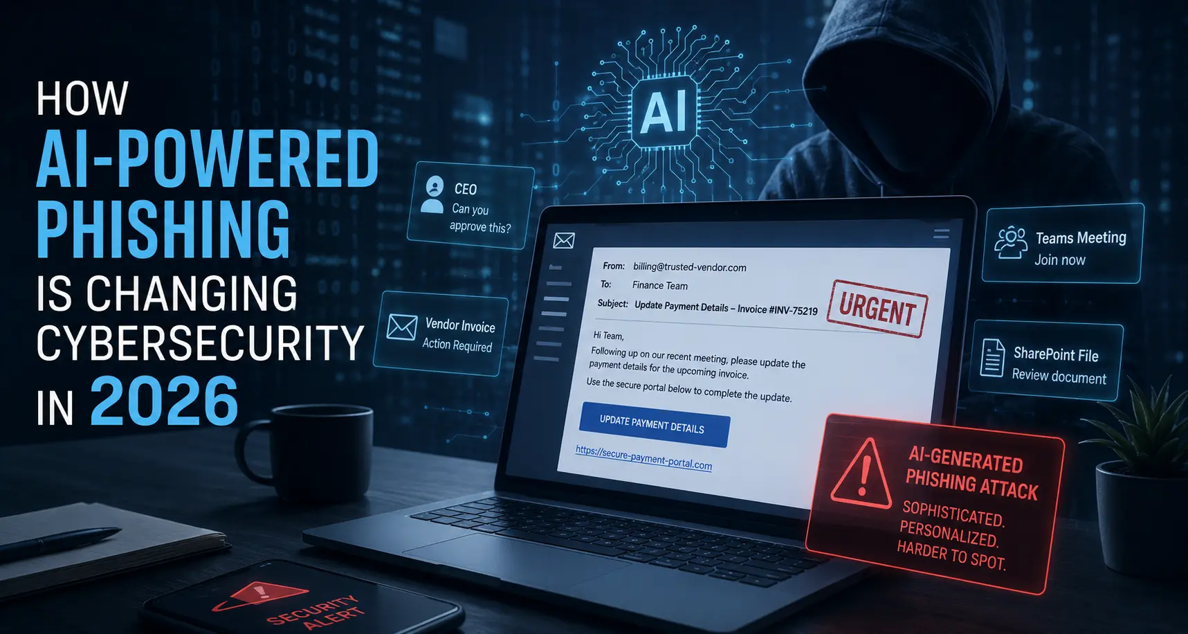 AI-powered phishing email and cybersecurity warning