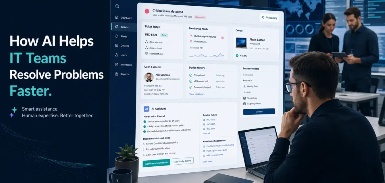 IT support engineer reviewing an AI-assisted ticket triage dashboard