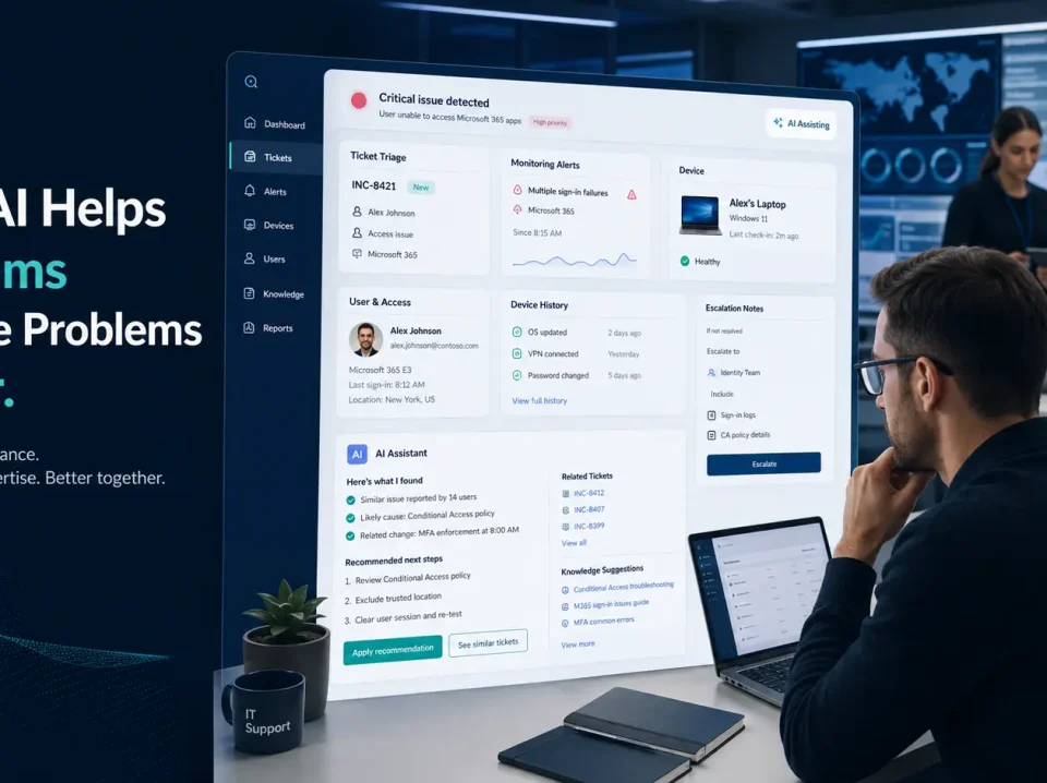 IT support engineer reviewing an AI-assisted ticket triage dashboard