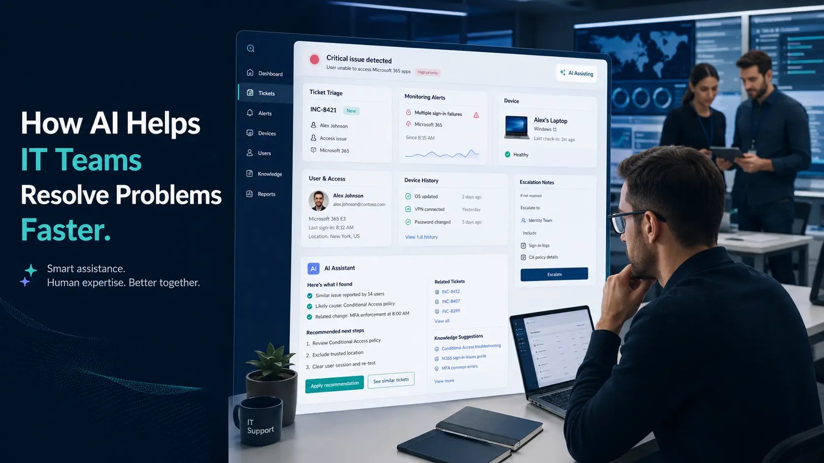 IT support engineer reviewing an AI-assisted ticket triage dashboard