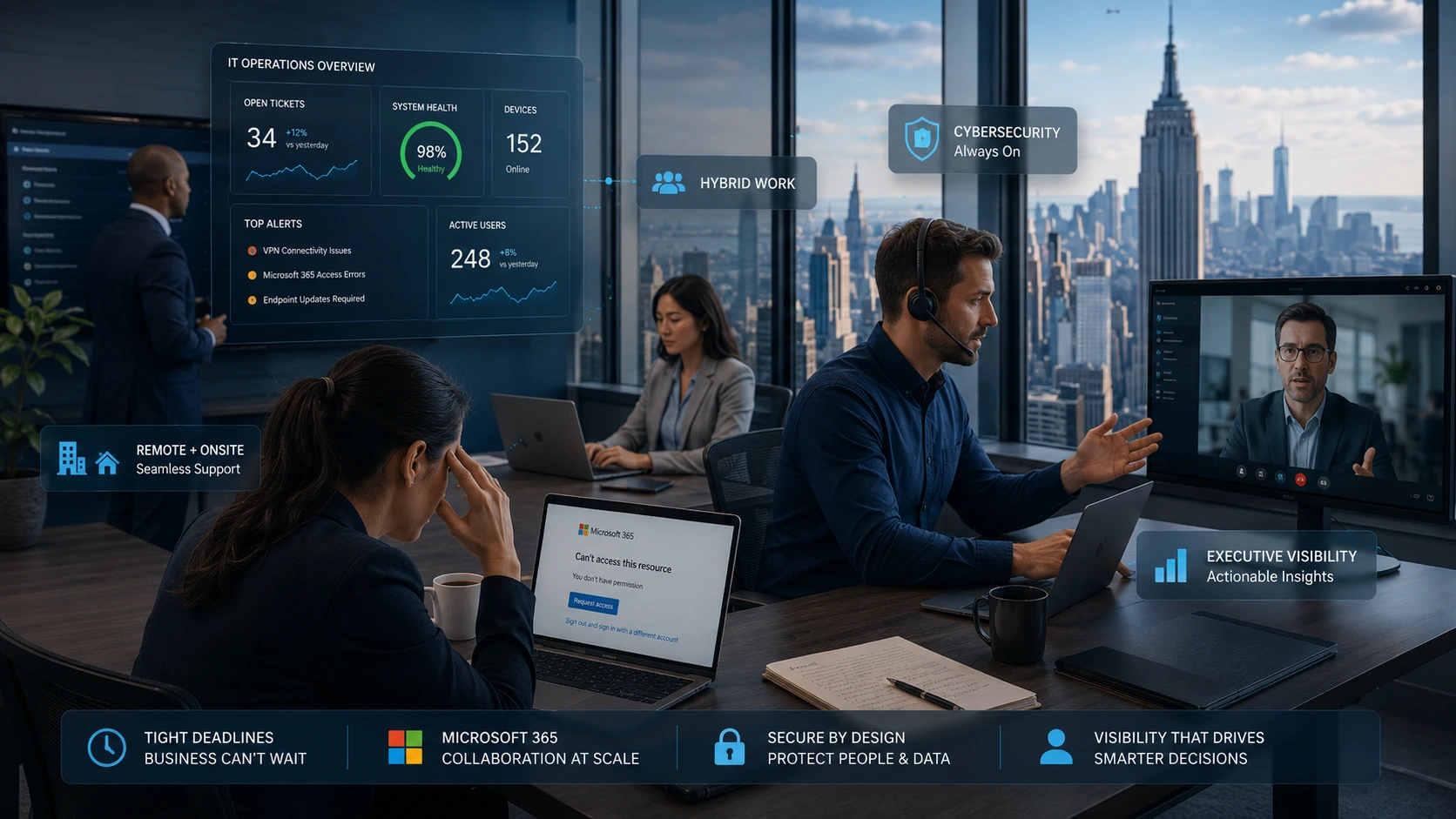 New York business team managing hybrid work, cybersecurity, and Microsoft 365 support