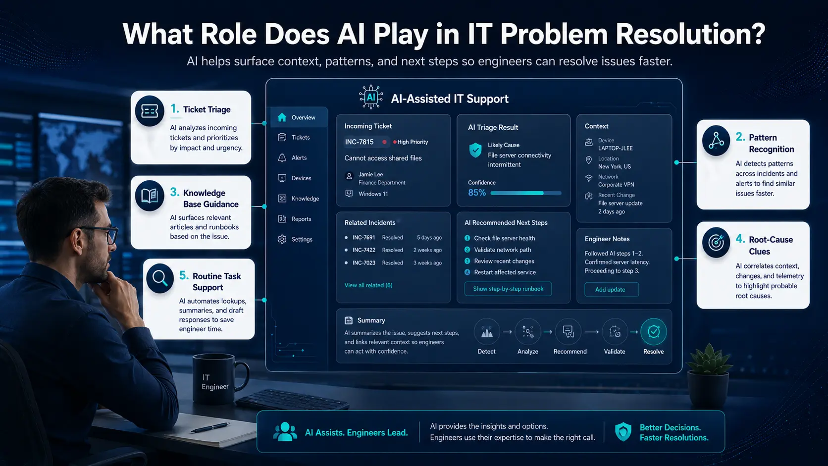 AI assisting an IT engineer with ticket context and root-cause clues