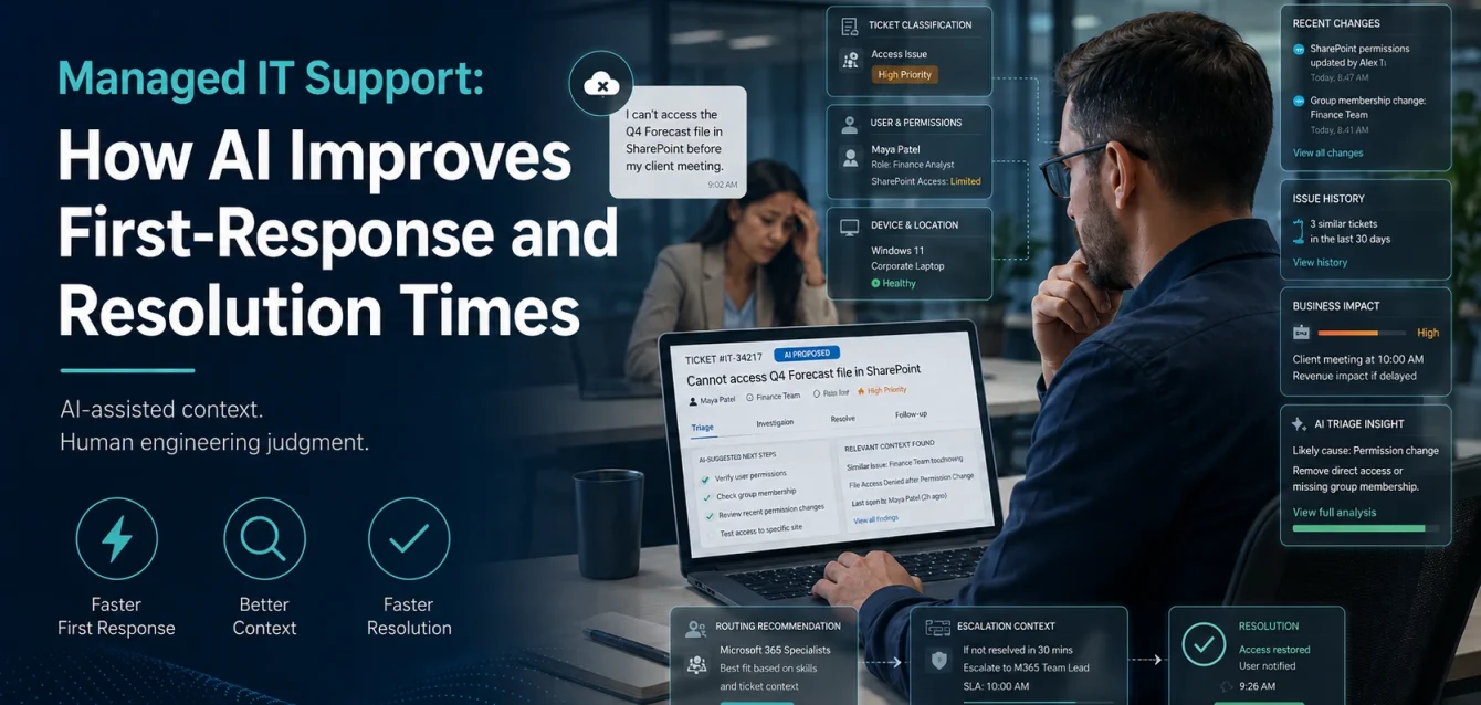 IT support engineer using an AI-assisted dashboard to improve response and resolution times