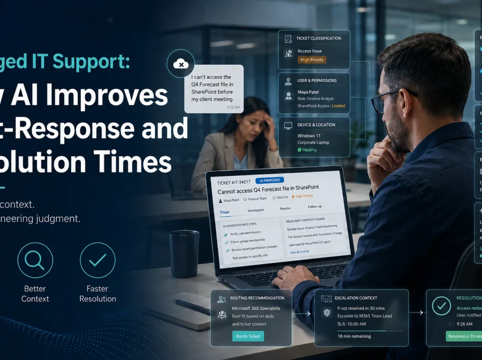 IT support engineer using an AI-assisted dashboard to improve response and resolution times