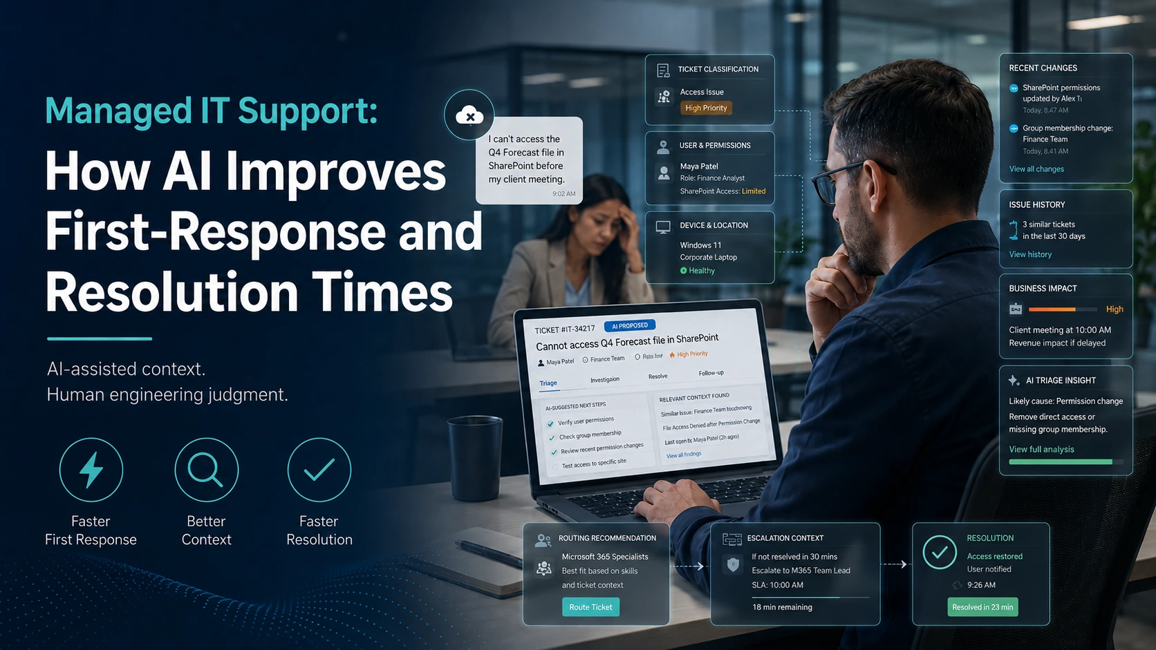 IT support engineer using an AI-assisted dashboard to improve response and resolution times